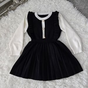 SHEIN Young Girl Two Tone Ruffle Trim Pleated Hem 2 In 1 Dress. Long Sleeve. Coq
